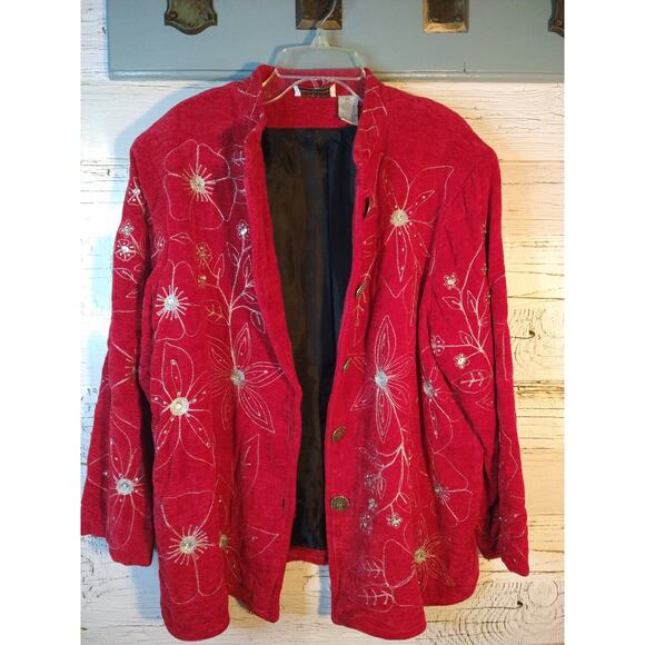 Draper’s & Damon’s Red Knit Jacket Poinsettia Embroidery Petite PL Holiday - Picture 4 of 8